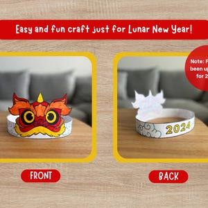 May include: Printable craft for a lion dance head, with a red and orange lion face on the front and the year 2024 on the back.  The craft is perfect for celebrating Lunar New Year.