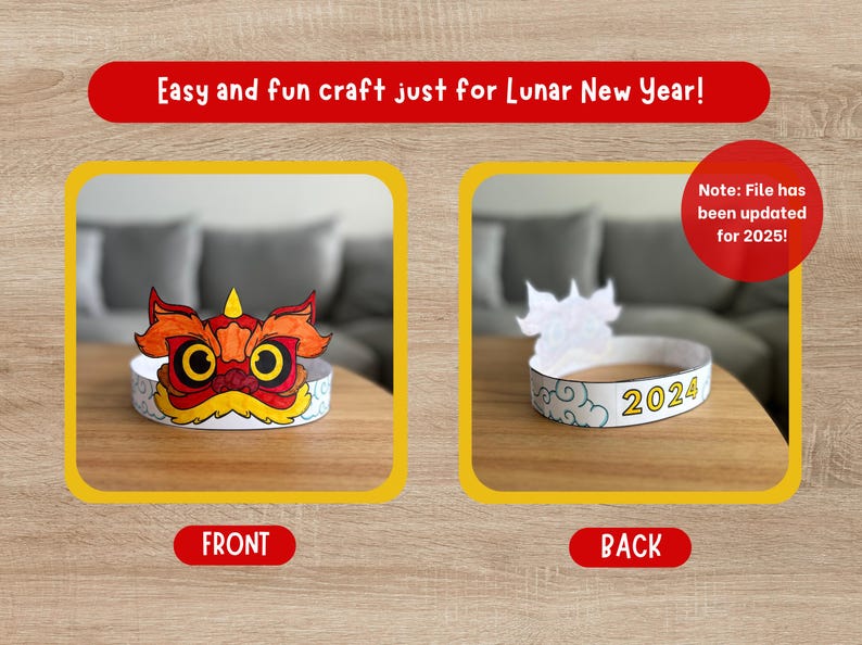 May include: Printable craft for a lion dance head, with a red and orange lion face on the front and the year 2024 on the back.  The craft is perfect for celebrating Lunar New Year.