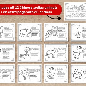 May include: A set of 12 printable colouring pages featuring the Chinese zodiac animals. Each page includes the animal's name, birth years, and personality traits. The pages are black and white and ready to be coloured.