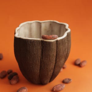 Pode incluir: Uma tigela de cerâmica marrom escura com um exterior texturizado, semelhante a uma casca de coco. O interior é bege claro. Um único grão de cacau repousa na borda, com vários outros espalhados na superfície laranja. A tigela tem uma forma única e orgânica.