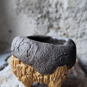 Może przedstawiać: Mała, ręcznie wykonana doniczka ceramiczna z ciemną, grafitową krawędzią o mocno spękanej, szorstkiej fakturze. Dolna część naczynia posiada kontrastujący, jasnobrązowy wzór z głębokimi, pionowymi żłobieniami przypominającymi drewno.