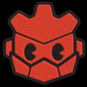 May include: Red embroidered patch with a stylized robot face. The robot has black eyes and a black mouth.