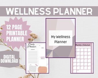 Puede incluir: Un planificador de bienestar con el texto "WELLNESS PLANNER" en la parte superior. La imagen incluye un planificador imprimible de 12 páginas con un planificador diario, un calendario mensual y una portada que dice "My Wellness Planner". Las palabras "DIGITAL DOWNLOAD" también son visibles.