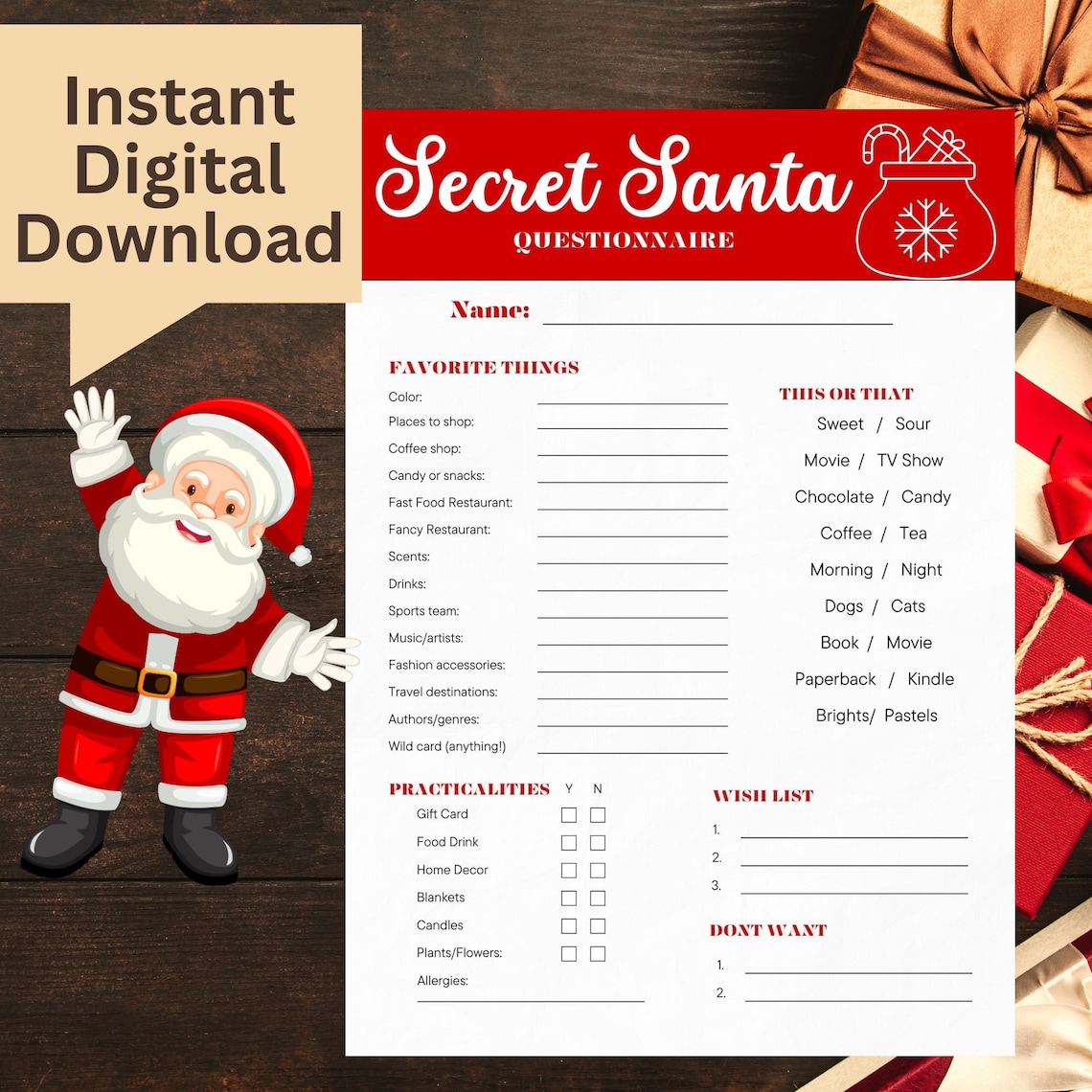 Secret Santa Questionnaire, Secret Santa Questions, Secret Santa Checklist - Etsy
