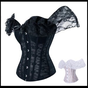 May include: Black lace off-the-shoulder corset with a ruffled neckline and boning. The corset has a hook and eye closure in the back.