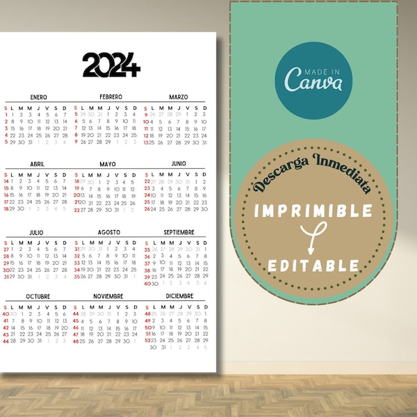 Calendario 2024 imprimible minimalista con número de semanas. Tamaño Carta, A4, Personalizado