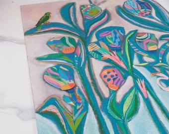 Collage botanique coloré avec oiseaux tropicaux - Oeuvre originale mix media encadrée 16''x20''