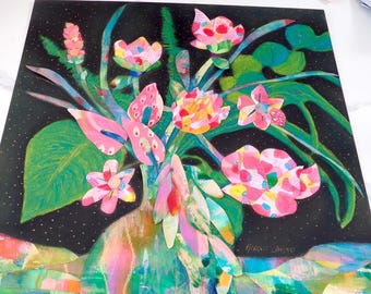 Collage floral coloré - Nature morte - Bouquet- Oeuvre originale encadrée 16''x20''