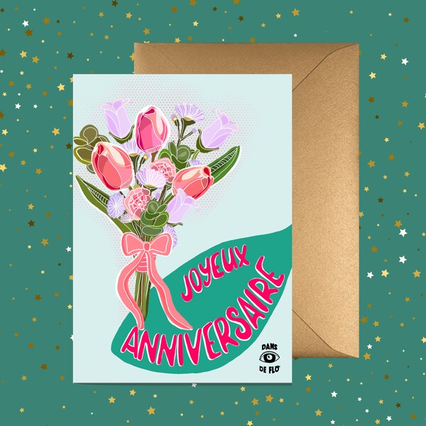 Une carte anniversaire en français, ornée d'un bouquet de fleurs prête à être offerte pour souligner un être cher. Il est temps de célébrer!