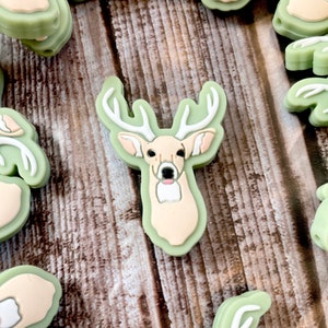 Sage Green Background Buck Deer Silicone Focal Bead / Crafting Supplies / Forest Woodland Themed Beads / Animal Shaped Beads