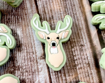 Sage Green Background Buck Deer Silicone Focal Bead / Crafting Supplies / Forest Woodland Themed Beads / Animal Shaped Beads