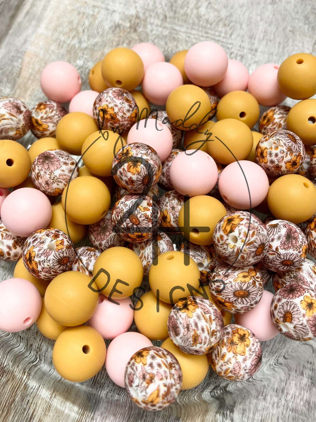 Pink and Yellow Floral 15mm Round Silicone Bead Mix / Printed and Solid ...