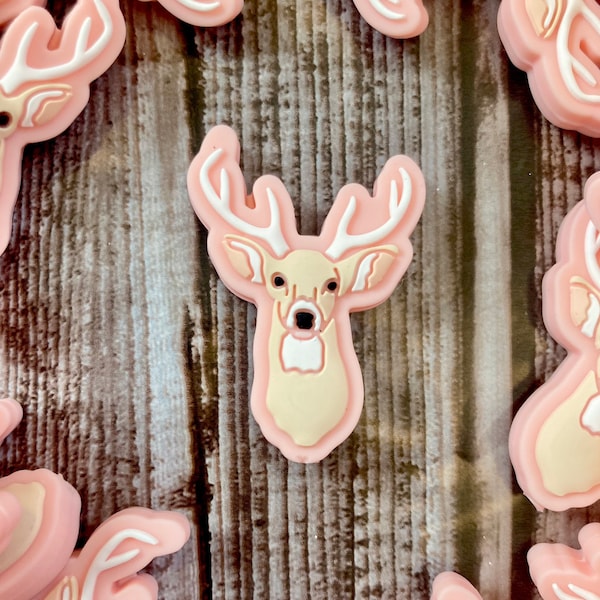 Pink Background Buck Deer Silicone Focal Bead / Crafting Supplies / Forest Woodland Themed Beads / Animal Shaped Beads