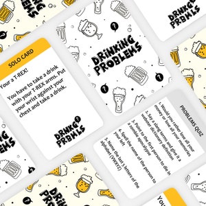 Pode incluir: Um conjunto de cartas de jogo de beber com fundo amarelo e ilustrações pretas de canecas de cerveja. Os cartões apresentam o texto "Drinking Problems" e "Problems Quiz".