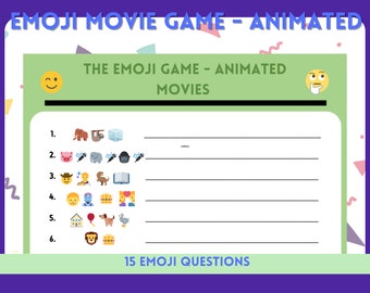 Peut inclure: Une feuille de travail imprimable verte et blanche avec le titre "The Emoji Game - Animated Movies". La feuille de travail contient 15 questions d'emoji pour deviner le film d'animation en fonction des emojis.