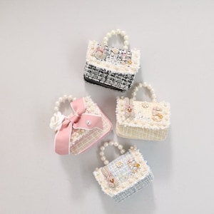 Mini sac lapin en tweed pour fille, joli lapin avec anse en perles, sac à main à bandoulière en chaîne pour enfants.