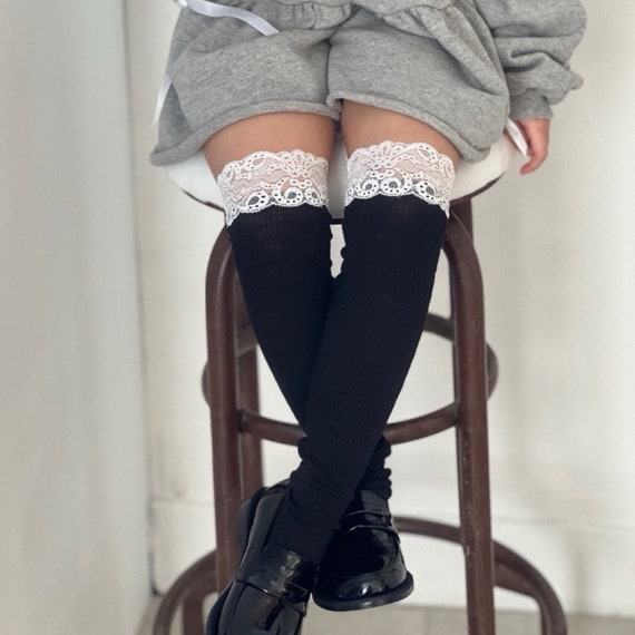 Girls Lace Extra Long Stripe Thigh High Socks, Stretchable