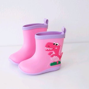 Dinosaur Rain Boots with Easy-On Lightweight Waterproof Non-slip Rubber Cute Cartoon Dino for Toddler and Kids Pink