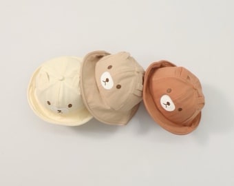 Personalized Bear Face Bucket Hat for Baby Toddler, Brim Summer Bucket Hats With Elastic Strap for Kids Age 6 - 24 Months.