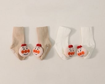 Cartoon Character Socks for Kids, Set of 2 Pairs, Toddler Anpanman Face with Non-slip Cotton Socks for Age 0 -18 Months