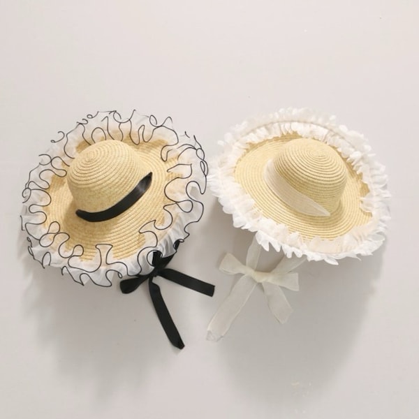 Girls Lace Straw Panama Hat, Princess Wide Brim Sun UPF 50+ Summer Fedora Straw Hat for Kids