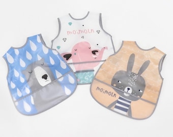 Animal Zoo Baby Apron Bib, Add Personalized Name, Toddler Waterproof and Mess Proof Food Vest, Bunny, Bear and Elephant Kids Bib