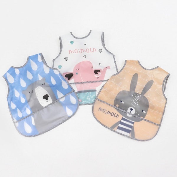 Animal Zoo Baby Apron Bib, Add Personalized Name, Toddler Waterproof and Mess Proof Food Vest, Bunny, Bear and Elephant Kids Bib