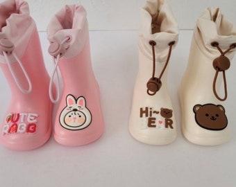 Bunny & Teddy Bear Bottes de pluie à rayures réfléchissantes pour enfants, bottes de pluie en caoutchouc imperméables, légères et mignonnes, design dessin animé pour garçons/filles