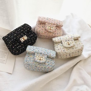 Mini sac en tweed, sac à main en tweed avec chaîne pour fille, mini sac à bandoulière d'hiver en tweed pour enfants