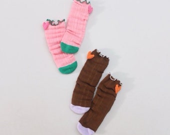 Girls Dot Heart Socks, Set of 2 Colors (Pink, Brown) Cute Cotton Ruffle Edge Soft and Stretchy Socks