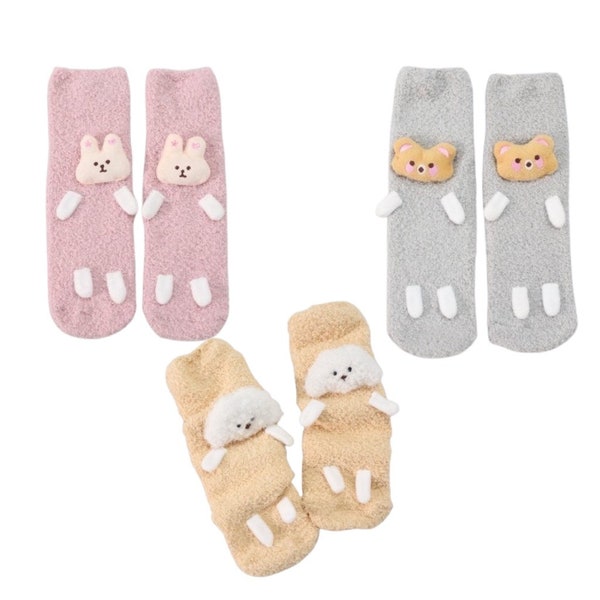 Kids Animal Fleece Socks, Puppy Rabbit Bear Warm Socks, Non-Slip Cute Cozy Socks for Age 1T - 3T