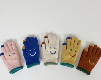 Smiley Fleece Lined Knit Gloves, Children Colorful Mittens, Warm Winter Kids Gloves for Age for 3 - 6 years