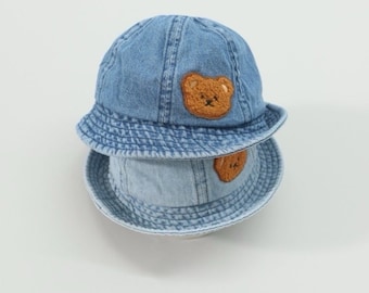 Denim Bucket Hat for Toddlers, Cute Bear Face with Soft and Comfy Hat for 6 - 24 Months.