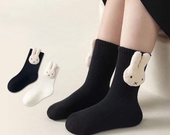 Kids Bunny Socks, Cute Bunny Pack of 2 Pairs(White/Black), 3D Soft Bunny Doll Socks for Age M (2T-4T), L (4T-7T)