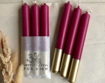 Set med 3 handgjorda doppfärgade ljus • röda med metalliskt guld • spetsiga ljus • middagsljus • present • bröllop • jul • hållbart