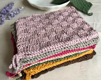 Gebreide vaatdoek • Duurzame keukendoek • 100% katoen • rechthoekig • met ophanglus • bruin • grijs • geel • rood