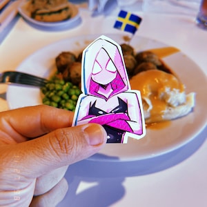 May include: A pink and black cartoon character with a white hooded jacket and a black mask. The character is holding their arms crossed in front of them. The character is on a white sticker.