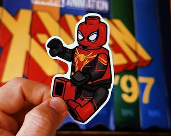 Pegatina de parodia de Spiderman en bloques: calcomanía impermeable para portátil