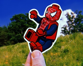 Pegatina de Spiderman en forma de bloque: parodia del efecto 2000, vinilo laminado resistente al agua