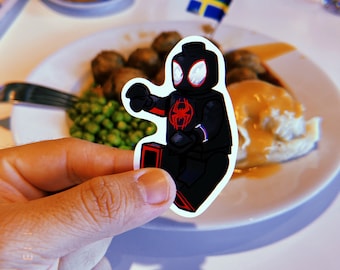 Pegatina de Spiderman de Miles Morales: parodia en bloques, acabado laminado resistente al agua