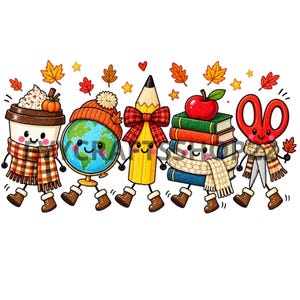 Puede incluir: Una ilustración de dibujos animados que muestra una taza de café, un globo terráqueo, un lápiz, una pila de libros y unas tijeras, todos con caras sonrientes, brazos y piernas. Llevan accesorios de invierno, rodeados de hojas de otoño.