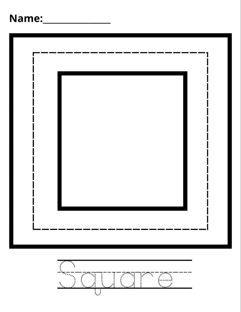 May include: Black and white worksheet with the word "Square" written in dotted lines for tracing. The worksheet features three nested squares, with the outermost square having a dashed line. The top of the worksheet has a line labeled "Name:"