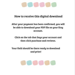 May include: White background with text: "How to receive this digital download." Instructions include downloading a PDF file on your Etsy account after payment confirmation. The text also says to click on the account tab and then purchases and reviews.