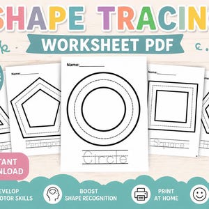 Puede incluir: PDF de hojas de trabajo de trazado de formas con 12 páginas. Las hojas de trabajo presentan formas como triángulos, pentágonos, círculos, cuadrados y hexágonos para trazar. Incluye el texto "Descarga instantánea", "Desarrollar habilidades motoras finas".