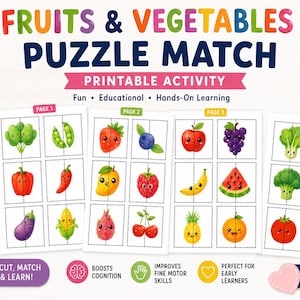 以下が含まれることがあります： 「FRUITS & VEGETABLES PUZZLE MATCH」と題された4ページ構成の印刷可能なアクティビティシート。24種類のパズルが含まれています。各カードには、イチゴやブロッコリーなどのカラフルな果物や野菜のイラストが描かれており、切り取り用の点線が付いています。