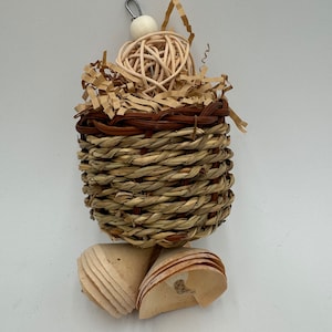 Woven Chew Toy for bunnies and other small pets, with palm leaf bells and rattan ball, rabbit toy, bunny chew toy, rabbit enrichment toy