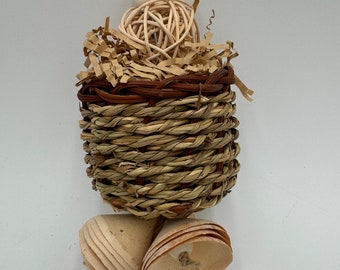 Woven Chew Toy for bunnies and other small pets, with palm leaf bells and rattan ball, rabbit toy, bunny chew toy, rabbit enrichment toy