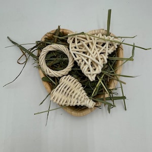 Three rattan chew toys for bunnies in Palm Leaf Bowl. Rabbit Treat,  Hamster Treat, Guinea Pig Treat, Gerbil Treat and Small Pet