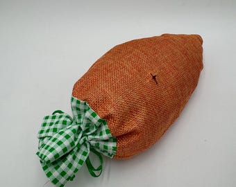 Carrot forage sack for bunnies with timothy hay, flowers and fruit. Rabbit forage, bunny forage toy, chew toy for rabbit, bunny toy