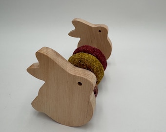 Wooden bunny toy with Timothy Hay Donuts for Bunnies. Bunny Treats. Rabbit Treat. Bunny Toy. Rabbit chew toy. Wooden toy for bunny.